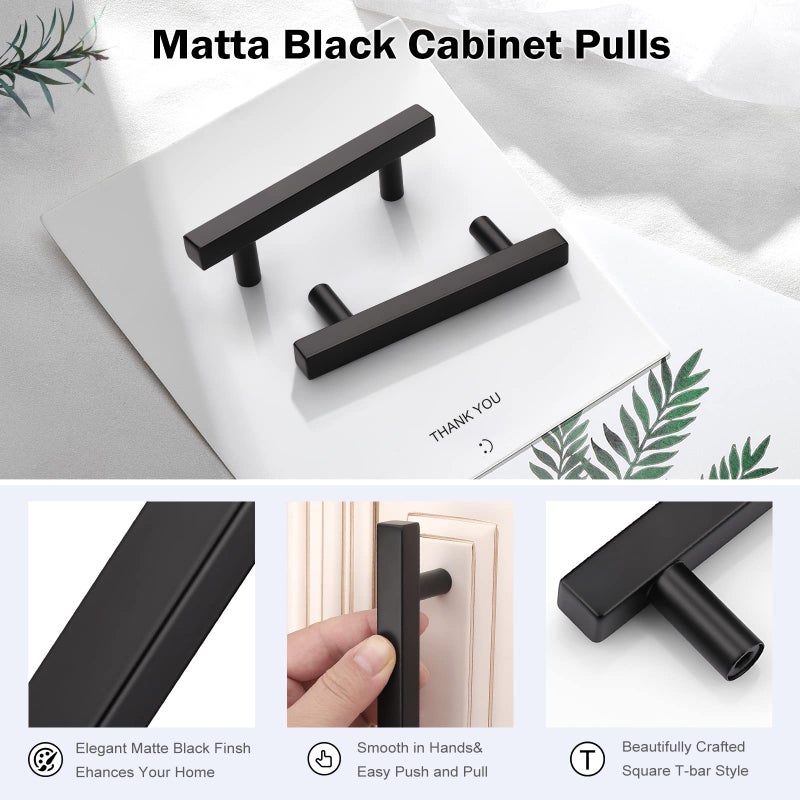 KNOBWELL 10 Pack 3 in Black Cabinet Pulls, Stainless Steel Kitchen Cupboard Door Handles Matte Black 3" Hole Spacing Furniture Hardware - Image 2